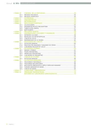 Manual A Mir

www.academiamir.com

• TEMA 20

CONTROL DE LA FERTILIDAD.....................................................................50

20.1.
20.2.

TEMA
TEMA
TEMA
TEMA

21
22
23
24

ESTERILIDAD ...............................................................................................52
ENDOMETRIOSIS ........................................................................................54
METRORRAGIAS .........................................................................................55
INFECCIONES GENITALES ...........................................................................55

24.1.
24.2.
24.3.
24.4.

•
•
•
•

MÉTODOS NATURALES ..............................................................................................50
MÉTODOS ARTIFICIALES ............................................................................................50

VULVOVAGINITIS .......................................................................................................55
ENFERMEDAD PÉLVICA INFLAMATORIA .....................................................................56
TUBERCULOSIS GENITAL ............................................................................................57
BARTHOLINITIS...........................................................................................................58

• TEMA 25
• TEMA 26
26.1.
26.2.
26.3.
26.4.

• TEMA 27
27.1.
27.2.
27.3.

• TEMA 28
28.1.
28.2.
28.3.
28.4.

• TEMA 29
29.1.

• TEMA 30
30.1.
30.2.
30.3.
30.4.
30.5.

• TEMA 31
• TEMA 32

8

] ÍNDICE [

PROLAPSO GENITAL ...................................................................................58
ENFERMEDADES VULVARES Y VAGINALES..............................................58
DISTROFIAS VULVARES ..............................................................................................58
NEOPLASIA VULVAR INTAEPITELIAL ...........................................................................59
CÁNCER DE VULVA ...................................................................................................59
ENFERMEDADES DE LA VAGINA ................................................................................60

PATOLOGÍA DEL CUELLO...........................................................................60
PATOLOGÍA BENIGNA................................................................................................60
PROCESOS PRE-MALIGNOS Y MALIGNOS DE CÉRVIX ................................................61
CARCINOMA INVASOR DE CUELLO ...........................................................................62

PATOLOGÍA UTERINA.................................................................................63
MIOMAS UTERINOS ...................................................................................................63
PÓLIPO ENDOMETRIAL...............................................................................................64
HIPERPLASIA ENDOMETRIAL ......................................................................................64
CARCINOMA DE ENDOMETRIO .................................................................................65

CÁNCER DE OVARIO ..................................................................................66
PATOLOGÍA BENIGNA................................................................................................68

PATOLOGÍA MAMARIA..............................................................................68
TRASTORNOS FUNCIONALES .....................................................................................68
TRASTORNOS INFLAMATORIOS..................................................................................68
MASTOPATÍA FIBROQUÍSTICA (MFQ) O DISPLASIA MAMARIA ...................................69
TUMORES BENIGNOS DE MAMA ...............................................................................69
CÁNCER DE MAMA ...................................................................................................69

CLIMATERIO Y MENOPAUSIA....................................................................73
SÍNDROME PREMENSTRUAL......................................................................74
RESUMEN DE CARCINOMAS GINECOLÓGICOS ........................................75

 