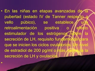 En las niñas en etapas avanzadas de la pubertad (estado IV de Tanner respecto a vello púbico), se establece una retroalimentación positiva o efecto estimulador de los estrógenos sobre la secreción de LH, requisito fundamental para que se inicien los ciclos ovulatorios. Un nivel de estradiol de 200 pg/ml o más, estimula la secreción de LH y ovulación.   