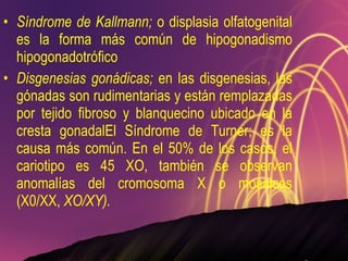 Síndrome de Kallmann;  o displasia olfatogenital es la forma más común de hipogonadismo hipogonadotrófico Disgenesias gonádicas;  en las disgenesias, las gónadas son rudimentarias y están remplazadas por tejido fibroso y blanquecino ubicado en la cresta gonadalEl Síndrome de Turner; es la causa más común. En el 50% de los casos, el cariotipo es 45 XO, también se observan anomalías del cromosoma X o mosaicos (X0/XX,  XO/XY). 