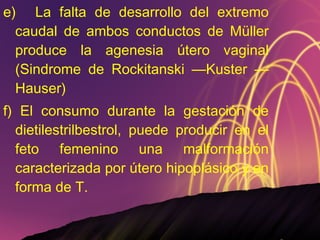 e) La falta de desarrollo del extremo caudal de ambos conductos de Müller produce la agenesia útero vaginal (Sindrome de Rockitanski —Kuster —Hauser) f) El consumo durante la gestación de dietilestrilbestrol, puede producir en el feto femenino una malformación caracterizada por útero hipoplásico y en forma de T. 