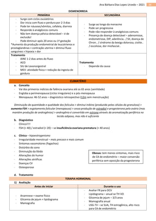 36
Ana Bárbara Dias Lopes Urzedo – 2021
DISMENORREIA
PRIMÁRIA SECUNDÁRIA
 Surge com ciclos ovulatórios
 Dor inicia com fluxo e perdura por 2-3 dias
 Pode ter náuseas/vômitos, cefaleia, diarreia
 Responde à analgésicos comuns
 Não tem doença pélvica detectável – é de
exclusão!
 Pode diminuir após 20 anos ou 1ª gestação
*Aumento da produção endometrial de leucotrienos e
prostaglandinas > contração uterina > diminui fluxo
sanguíneo > hipoxia > dor
 Surge ao longo da menacme
 Pode ser progressiva
 Pode não responder à analgésicos comuns
 Presença de doença detectável – adenomiose,
endometriose, DIP, aderência.. / SII, doença de
Chron.. / síndrome da bexiga dolorosa, cistite..
/ escoliose, dor miofascial..
Tratamento
 AINE 1-2 dias antes do fluxo
 ACO
 SIU de Levonorgestrel
 MEV: atividade física + redução da ingesta de
gordura
Tratamento
 Depende da causa
CLIMATÉRIO
a. Conceito
 Vai dos primeiros indícios de falência ovariana até os 65 anos (senilidade)
 Engloba a perimenopausa (ciclos irregulares) e a pós-menopausa
 Menopausa: 46-52 anos – diagnóstico retrospectivo (12m sem menstruação)
Diminuição da quantidade e qualidade dos folículos > diminui inibina (produzida pelas células da granulosa) >
aumenta FSH > esgotamento folicular (menopausa) > cessa produção de estradiol e progesterona pelo ovário (mas
mantém produção de androgênios) > androgênio é convertido em estrona através da aromatização periférica no
tecido adiposo, mas não é suficiente
b. Diagnóstico
 Clínico!!!!
 FSH (> 40) / estradiol (< 20) – se insuficiência ovariana prematura (< 40 anos)
c. Clínica – hipoestrogenismo
 Irregularidade menstrual – mais precoce e mais comum
 Sintomas vasomotores (fogachos)
 Distúrbio do sono
 Diminuição da libido
 Alterações do humor
 Alterações atróficas
 Doenças CV
 Osteoporose
d. Tratamento
TERAPIA HORMONAL
1) Avaliação
Antes de iniciar Durante o uso
 Anamnese + exame físico
 Glicemia de jejum + lipidograma
 Mamografia
 Avaliar FR para DCV
 Lipidograma – anual se TH VO
 Glicemia de jejum – 3/3 anos
 Mamografia anual
 USG-TV – se SUA, TH estrogênica, alto risco
para CA de endométrio
Obesas: tem menos sintomas, mais risco
de CA de endométrio – maior conversão
periférica sem oposição da progesterona
 