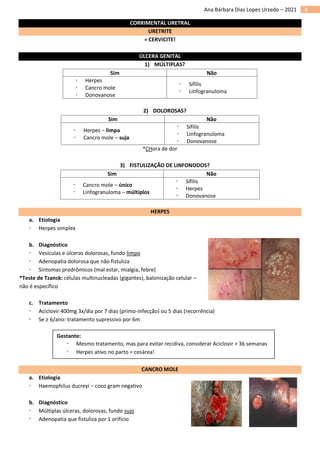 8
Ana Bárbara Dias Lopes Urzedo – 2021
CORRIMENTAL URETRAL
URETRITE
= CERVICITE!
ÚLCERA GENITAL
1) MÚLTIPLAS?
Sim Não
 Herpes
 Cancro mole
 Donovanose
 Sífilis
 Linfogranuloma
2) DOLOROSAS?
Sim Não
 Herpes – limpa
 Cancro mole – suja
 Sífilis
 Linfogranuloma
 Donovanose
*CHora de dor
3) FISTULIZAÇÃO DE LINFONODOS?
Sim Não
 Cancro mole – único
 Linfogranuloma – múltiplos
 Sífilis
 Herpes
 Donovanose
HERPES
a. Etiologia
 Herpes simplex
b. Diagnóstico
 Vesículas e úlceras dolorosas, fundo limpo
 Adenopatia dolorosa que não fistuliza
 Sintomas prodrômicos (mal estar, mialgia, febre)
*Teste de Tzanck: células multinucleadas (gigantes), balonização celular –
não é específico
c. Tratamento
 Aciclovir 400mg 3x/dia por 7 dias (primo-infecção) ou 5 dias (recorrência)
 Se ≥ 6/ano: tratamento supressivo por 6m
CANCRO MOLE
a. Etiologia
 Haemophilus ducreyi – coco gram negativo
b. Diagnóstico
 Múltiplas úlceras, dolorosas, fundo sujo
 Adenopatia que fistuliza por 1 orifício
Gestante:
 Mesmo tratamento, mas para evitar recidiva, considerar Aciclovir > 36 semanas
 Herpes ativo no parto = cesárea!
 