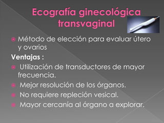  Método de elección para evaluar útero
y ovarios
Ventajas :
 Utilización de transductores de mayor
frecuencia.
 Mejor resolución de los órganos.
 No requiere repleción vesical.
 Mayor cercanía al órgano a explorar.
 