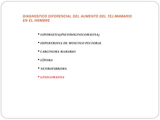 DIAGNOSTICO DIFERENCIAL DEL AUMENTO DEL TEJ.MAMARIO
EN EL HOMBRE


        LIPOMASTIA(PSEUDOGINECOMASTIA)

        HIPERTROFIA DE MUSCULO PECTORAL

        CARCINOMA MAMARIO

        LÌPOMA

        NEUROFIBROMA

        GINECOMASTIA
 