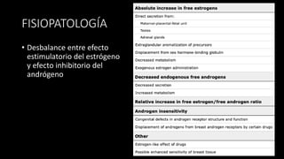 FISIOPATOLOGÍA
• Desbalance entre efecto
estimulatorio del estrógeno
y efecto inhibitorio del
andrógeno
 