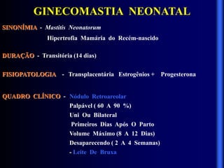 GINECOMASTIA NEONATAL
SINONÍMIA - Mastitis Neonatorum
Hipertrofia Mamária do Recém-nascido
DURAÇÃO - Transitória (14 dias)
FISIOPATOLOGIA - Transplacentária Estrogênios + Progesterona
QUADRO CLÍNICO - Nódulo Retroareolar
Palpável ( 60 A 90 %)
Uni Ou Bilateral
Primeiros Dias Após O Parto
Volume Máximo (8 A 12 Dias)
Desaparecendo ( 2 A 4 Semanas)
- Leite De Bruxa
 