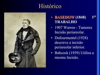 Histórico
• BASEDOW (1848) 1O
TRABALHO
• 1907 Warren - Tumores
Incisão periareolar.
• Dufourmentel (1928)
descreve a incisão
periareolar inferior.
• Babcock (1939) Utiliza a
mesma Incisão.
 