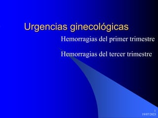 19/07/2023
1
Urgencias ginecológicas
Hemorragias del primer trimestre
Hemorragias del tercer trimestre
 