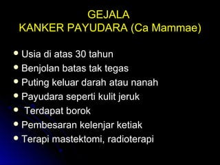 GEJALAGEJALA
KANKER PAYUDARA (KANKER PAYUDARA (CaCa MMammaeammae))
 Usia di atas 30 tahunUsia di atas 30 tahun
 Benjolan batas tak tegasBenjolan batas tak tegas
 Puting keluar darahPuting keluar darah aatau nanahtau nanah
 Payudara seperti kPayudara seperti kulit jerukulit jeruk
 Terdapat bTerdapat borokorok
 Pembesaran kelenjar ketiakPembesaran kelenjar ketiak
 TerapiTerapi mmastektomi,astektomi, rradioterapiadioterapi
 