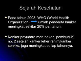 Sejarah KesehatanSejarah Kesehatan
 Pada tahun 2003, WHO (World HealthPada tahun 2003, WHO (World Health
Organization) jumlah penderita kankerOrganization) jumlah penderita kanker
meningkat sekitar 20% per tahun.meningkat sekitar 20% per tahun.
 Kanker payudara merupakan ‘pembunuh’Kanker payudara merupakan ‘pembunuh’
no. 2 setelah kanker leher rahim/kankerno. 2 setelah kanker leher rahim/kanker
serviks, juga meningkat setiap tahunnya.serviks, juga meningkat setiap tahunnya.
 
