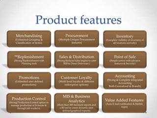 Product features
Merchandising

Procurement

(Unlimited Grouping &
Classification of items)

(Multiple Unique Procurement
features)

(Complete visibility of inventory of
all locations centrally)

**Replenishment

Sales & Distribution

Point of Sale

(Strong Replenishment with
Planning tool)

(Strong Backend sales engine to cater
B2B & Direct Deliveries )

(Simple screen with advance
features & Security)

Promotions

Customer Loyalty

(Unlimited user defined
promotions)

(Multi level loyalty & different
redemption options)

Production Control

MIS & Business
Analytics

(Strong Production Control option to
manage production at In house &
through Job workers)

(More than 300 standard reports and
a BI tool to create dynamic user
defined graphical reports)

Inventory

Accounting
(Strong & Complete integrated
Accounting
Both Centralized & Branch)

Value Added Features
(Auto E mail notification & Mobile
Apps)

 