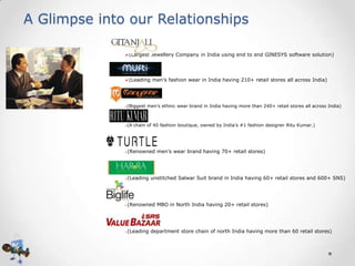 A Glimpse into our Relationships
(Largest Jewellery Company in India using end to end GINESYS software solution)

(Leading men’s fashion wear in India having 210+ retail stores all across India)

(Biggest men’s ethnic wear brand in India having more than 240+ retail stores all across India)



(A chain of 40 fashion boutique, owned by India’s #1 fashion designer Ritu Kumar.)





(Renowned men’s wear brand having 70+ retail stores)



(Leading unstitched Salwar Suit brand in India having 60+ retail stores and 600+ SNS)



(Renowned MBO in North India having 20+ retail stores)



(Leading department store chain of north India having more than 60 retail stores)

 