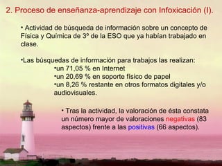 2. Proceso de enseñanza-aprendizaje con Infoxicación (I). Actividad de búsqueda de información sobre un concepto de Física y Química de 3º de la ESO que ya habían trabajado en clase.  Las búsquedas de información para trabajos las realizan:  un 71,05 % en Internet un 20,69 % en soporte físico de papel un 8,26 % restante en otros formatos digitales y/o audiovisuales.  Tras la actividad, la valoración de ésta constata un número mayor de valoraciones  negativas  (83 aspectos) frente a las  positivas  (66 aspectos). 