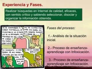 Experiencia y Fases. Fases del proceso: 1.-  Análisis de la situación inicial. 2.- Proceso de enseñanza-aprendizaje con Infoxicación. 3.- Proceso de enseñanza-aprendizaje sin Infoxicación. Realizar búsquedas en Internet de calidad, eficaces, con sentido crítico y sabiendo seleccionar, disociar y organizar la información obtenida. 