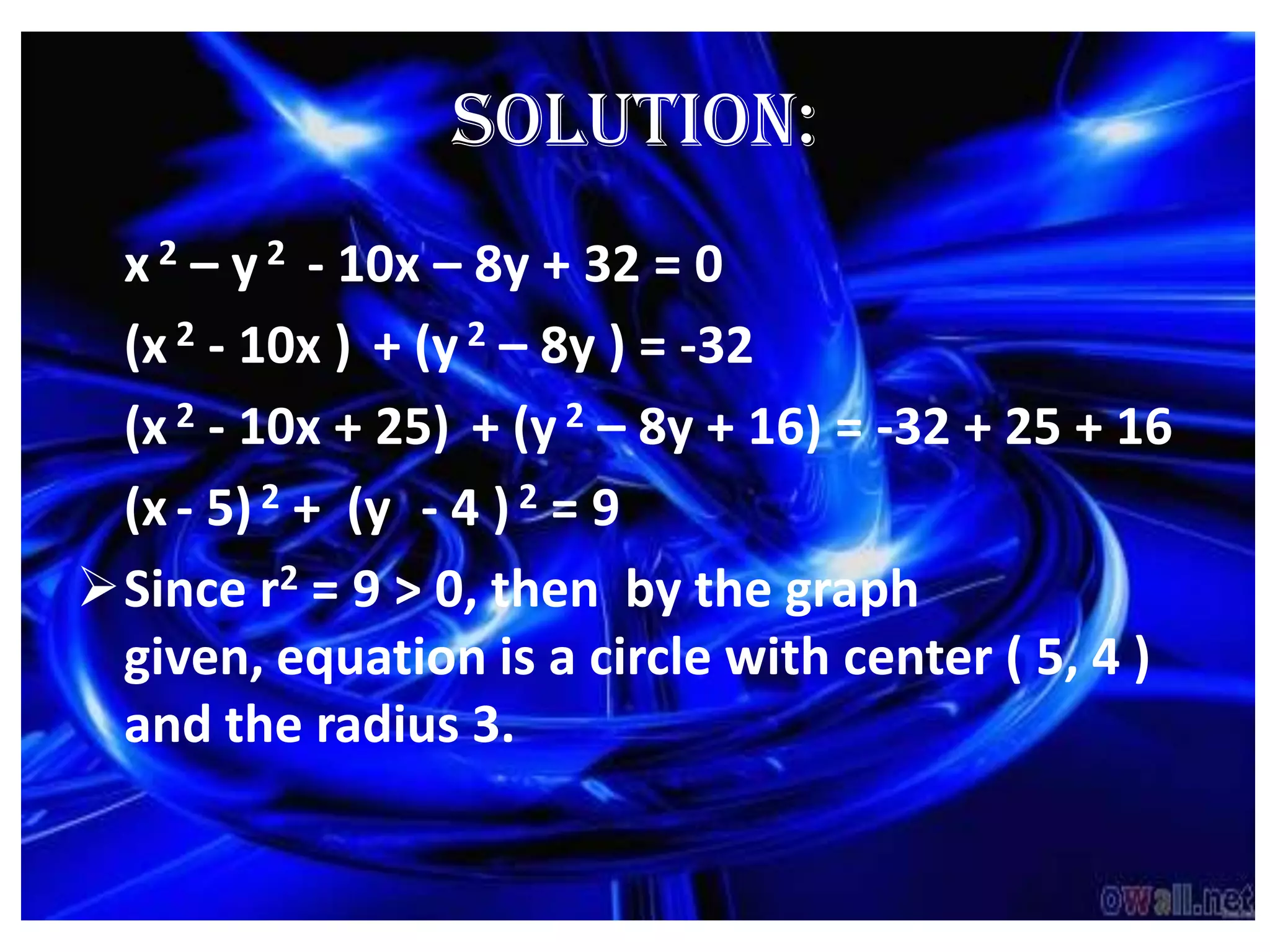 SOLUTION:
 x 2 – y 2 - 10x – 8y + 32 = 0
 (x 2 - 10x ) + (y 2 – 8y ) = -32
 (x 2 - 10x + 25) + (y 2 – 8y + 16) = -32 + 25 + 16
 (x - 5) 2 + (y - 4 ) 2 = 9
Since r2 = 9 > 0, then by the graph
 given, equation is a circle with center ( 5, 4 )
 and the radius 3.
 