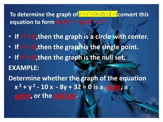To determine the graph of                   convert this
equation to form (x-h) 2 + (y-k) 2 = r2 .

• If r2 > 0,then the graph is a circle with center.
• If r2 = 0,then the graph is the single point.
• If r2 < 0,then the graph is the null set.
EXAMPLE:
Determine whether the graph of the equation
  x 2 + y 2 - 10 x - 8y + 32 = 0 is a circle, a
  point, or the null set.
 