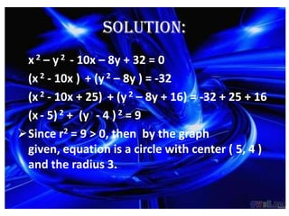 SOLUTION:
 x 2 – y 2 - 10x – 8y + 32 = 0
 (x 2 - 10x ) + (y 2 – 8y ) = -32
 (x 2 - 10x + 25) + (y 2 – 8y + 16) = -32 + 25 + 16
 (x - 5) 2 + (y - 4 ) 2 = 9
Since r2 = 9 > 0, then by the graph
 given, equation is a circle with center ( 5, 4 )
 and the radius 3.
 