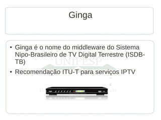 Ginga


●   Ginga é o nome do middleware do Sistema
    Nipo-Brasileiro de TV Digital Terrestre (ISDB-
    TB)
●   Recomendação ITU-T para serviços IPTV
 