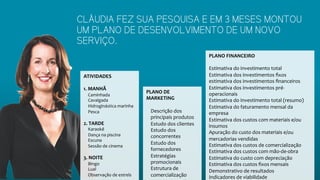 CLÁUDIA FEZ SUA PESQUISA E EM 3 MESES MONTOU
UM PLANO DE DESENVOLVIMENTO DE UM NOVO
SERVIÇO.
ATIVIDADES
1. MANHÃ
Caminhada
Cavalgada
Hidroginástica marinha
Pesca
2. TARDE
Karaokê
Dança na piscina
Escuna
Sessão de cinema
3. NOITE
Bingo
Lual
Observação de estrels
PLANO DE
MARKETING
Descrição dos
principais produtos
Estudo dos clientes
Estudo dos
concorrentes
Estudo dos
fornecedores
Estratégias
promocionais
Estrutura de
comercialização
PLANO FINANCEIRO
Estimativa do investimento total
Estimativa dos investimentos fixos
estimativa dos investimentos financeiros
Estimativa dos investimentos pré-
operacionais
Estimativa do investimento total (resumo)
Estimativa do faturamento mensal da
empresa
Estimativa dos custos com materiais e/ou
insumos
Apuração do custo dos materiais e/ou
mercadorias vendidas
Estimativa dos custos de comercialização
Estimativa dos custos com mão-de-obra
Estimativa do custo com depreciação
Estimativa dos custos fixos mensais
Demonstrativo de resultados
Indicadores de viabilidade
 