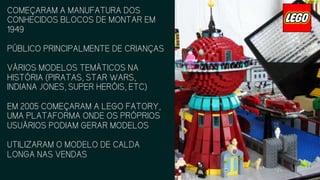 COMEÇARAM A MANUFATURA DOS
CONHECIDOS BLOCOS DE MONTAR EM
1949
PÚBLICO PRINCIPALMENTE DE
CRIANÇAS
VÁRIOS MODELOS TEMÁTICOS NA
HISTÓRIA (PIRATAS, STAR WARS,
INDIANA JONES, SUPER HERÓIS, ETC)
EM 2005 COMEÇARAM A LEGO FATORY,
UMA PLATAFORMA ONDE OS PRÓPRIOS
USUÁRIOS PODIAM GERAR MODELOS
UTILIZARAM O MODELO DE CALDA
LONGA NAS VENDAS
 