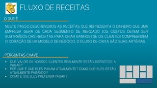 O QUE É
NESTE PASSO DESCREVEMOS AS RECEITAS QUE REPRESENTA O DINHEIRO QUE
UMA EMPRESA GERA DE CADA SEGMENTO DE MERCADO (OS CUSTOS DEVEM SER
SUBTRAÍDOS DAS RECEITAS PARA CRIAR GANHOS) SE OS CLIENTES
COMPREENDEM O CORAÇÃO DE UM MODELO DE NEGÓCIO, O FLUXO DE CAIXA
SÃO SUAS ARTÉRIAS.
PERGUNTAS CHAVE
 QUE VALOR OS NOSSOS CLIENTES REALMENTE ESTÃO DISPOSTOS A
PAGAR?
 POR QUE É QUE ELES PAGAM ATUALMENTE? COMO QUE ELES ESTÃO
ATUALMENTE PAGANDO?
 COMO É QUE ELES PREFEREM PAGAR?
FLUXO DE RECEITAS
 