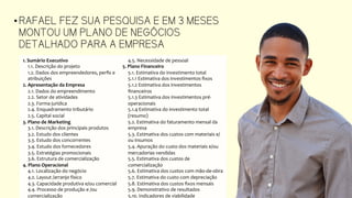 • RAFAEL FEZ SUA PESQUISA E EM 3 MESES
MONTOU UM PLANO DE NEGÓCIOS
DETALHADO PARA A EMPRESA
1. Sumário Executivo
1.1. Descrição do projeto
1.2. Dados dos empreendedores, perfis e
atribuições
2. Apresentação da Empresa
2.1. Dados do empreendimento
2.2. Setor de atividades
2.3. Forma jurídica
2.4. Enquadramento tributário
2.5. Capital social
3. Plano de Marketing
3.1. Descrição dos principais produtos
3.2. Estudo dos clientes
3.3. Estudo dos concorrentes
3.4. Estudo dos fornecedores
3.5. Estratégias promocionais
3.6. Estrutura de comercialização
4. Plano Operacional
4.1. Localização do negócio
4.2. Layout /arranjo físico
4.3. Capacidade produtiva e/ou comercial
4.4. Processo de produção e /ou
5.1. Estimativa do investimento total
5.1.1 Estimativa dos investimentos fixos
5.1.2 Estimativa dos investimentos
financeiros
5.1.3 Estimativa dos investimentos pré-
operacionais
5.1.4 Estimativa do investimento total
(resumo)
5.2. Estimativa do faturamento mensal da
empresa
5.3. Estimativa dos custos com materiais
e/ou insumos
5.4. Apuração do custo dos materiais e/ou
mercadorias vendidas
5.5. Estimativa dos custos de
comercialização
5.6. Estimativa dos custos com mão-de-
obra
5.7. Estimativa do custo com depreciação
5.8. Estimativa dos custos fixos mensais
5.9. Demonstrativo de resultados
5.10. Indicadores de viabilidade
 