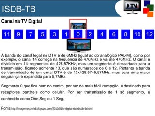 ISDB-TB
Canal na TV Digital
A banda do canal legal no DTV é de 6MHz (igual ao do analógico PAL-M), como por
exemplo, o canal 14 começa na frequência de 470MHz e vai até 476MHz. O canal é
dividido em 14 segmentos de 428,57KHz, mas um segmento é descartado para a
transmissão, ficando somente 13, que são numerados de 0 a 12. Portanto a banda
de transmissão de um canal DTV é de 13x428,57=5,57MHz, mas para uma maior
segurança é expandida para 5,7MHz.
Segmento 0 que fica bem no centro, por ser de mais fácil recepção, é destinado para
receptores portáteis como celular. Por ser transmissão de 1 só segmento, é
conhecido como One Seg ou 1 Seg.
Fonte:http://imagemesomhd.blogspot.com/2010/01/tv-digital-sbtvdisdb-tb.html
 