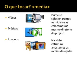  Vídeos
 Músicas
 Imagens
Primeiro
selecionaremos
as mídias e as
colocamos no
mesmo diretório
do projeto
Na visão
estrutural
arrastamos as
mídias desejadas
 