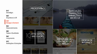 NAVEGAÇÃO, 
TRANSIÇÕES, 
ANIMAÇÕES E 
MICRO-UX 
DESIGN DE 
INTERFACE 
STYLE SHEETS 
AND GUIDES 
ESTRUTURAÇÃO 
E REDAÇÃO DE 
CONTEÚDO 
PROTOTYPING 
01/ 
Estratégia 
02/ 
Arquitetura e UX 
03/ 
Design e Content 
04/ 
Desenvolvimento 
05/ 
Testes e Qualidade 
06/ 
Lançamento 
07/ 
Avaliações e Evoluções 
 