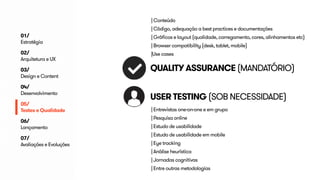 | Conteúdo 
| Código, adequação a best practices e documentações 
| Gráficos e layout (qualidade, carregamento, cores, alinhamentos etc) 
| Browser compatibility (desk, tablet, mobile) 
|Use cases 
QUALITY ASSURANCE (MANDATÓRIO) 
USER TESTING (SOB NECESSIDADE) 
| Entrevistas one-on-one e em grupo 
| Pesquisa online 
| Estudo de usabilidade 
| Estudo de usabilidade em mobile 
| Eye tracking 
| Análise heurística 
| Jornadas cognitivas 
| Entre outras metodologias 
01/ 
Estratégia 
02/ 
Arquitetura e UX 
03/ 
Design e Content 
04/ 
Desenvolvimento 
05/ 
Testes e Qualidade 
06/ 
Lançamento 
07/ 
Avaliações e Evoluções 
 