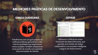 MELHORES PRÁTICAS DE DESENVOLVIMENTO 
GINGA GUIDELINES GITHUB 
Trabalhamos com um guia próprio de 
melhores práticas, garantindo o alto 
nível de qualidade que exigimos em 
nossos projetos. Também adequamos 
nosso guide de acordo com possíveis 
documentações de clientes 
Utilizamos o Github em nosso 
framework de desenvolvimento, que 
permite uma revisão de código 
colaborativa e um processo inteligente 
e seguro de versionamento 
 