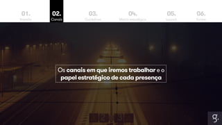 01. 
Imersão 
02. 
Canais 
03. 
Guidelines 
04. 
Matriz estratégica 
05. 
Launch 
06. 
Evolve 
Os canais em que iremos trabalhar e o 
papel estratégico de cada presença 
 