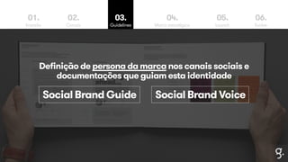 01. 
Imersão 
02. 
Canais 
03. 
Guidelines 
04. 
Matriz estratégica 
05. 
Launch 
06. 
Evolve 
Definição de persona da marca nos canais sociais e 
documentações que guiam esta identidade 
Social Brand Guide Social Brand Voice 
 