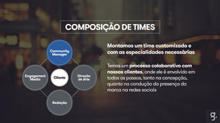 COMPOSIÇÃO DE TIMES 
Montamos um time customizado e 
com as especialidades necessárias 
Temos um processo colaborativo com 
nossos clientes, onde ele é envolvido em 
todos os passos, tanto na concepção, 
quanto na condução da presença da 
marca na redes sociais 
Engagement 
Media 
Community 
Manager 
Direção 
de Arte 
Cliente 
Redação 
 
