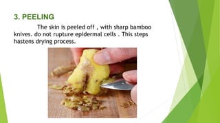 3. PEELING
The skin is peeled off , with sharp bamboo
knives. do not rupture epidermal cells . This steps
hastens drying process.
 