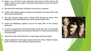  Ginger is one of the five most important major spices of India. India is the
largest producer of dry zinger in the world, accounting for more than 60% of
world production.
 One third of the production of Ginger in the country is exported.
 Kerala is the largest producer of ginger accounting for more than 40% of the
total countries production.
 The crop occupies largest area in Kerala (19%) followed by Orissa (17%),
Meghalaya (12%), West Bengal (12%) and Arunachal Pradesh (6%).
 Kerala and Meghalaya together account for nearly 40% of the country’s
production.
 In terms of productivity, Arunachal Pradesh stands first with 7.16 tonnes/ha
followed by Meghalaya (5.14 tonnes/ha), Mizoram (5.14 tonnes/ha) and Kerala
(3.44 tonnes/ha).
 Apart from India, South East Asia is a major ginger producing region.
 Ginger production in this region comes mainly from China, Thailand, Taiwan,
Korea and Vietnam, China being the largest producer.
 