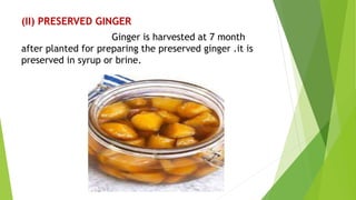 (II) PRESERVED GINGER
Ginger is harvested at 7 month
after planted for preparing the preserved ginger .it is
preserved in syrup or brine.
 