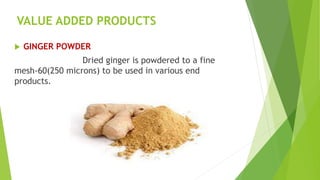 VALUE ADDED PRODUCTS
 GINGER POWDER
Dried ginger is powdered to a fine
mesh-60(250 microns) to be used in various end
products.
 