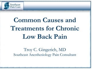 Common Causes and
Treatments for Chronic
    Low Back Pain
        Troy C. Gingerich, MD
Southeast Anesthesiology Pain Consultant

  Southeast Anesthesiology Consultants, PA - Southeast Pain Care
 