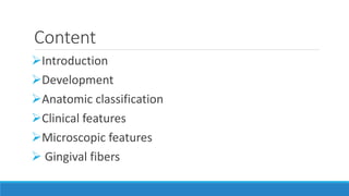 Content
Introduction
Development
Anatomic classification
Clinical features
Microscopic features
 Gingival fibers
 