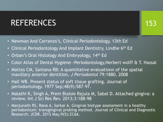 REFERENCES
• Newman And Carranza’s, Clinical Periodontology, 13th Ed
• Clinical Periodontology And Implant Dentistry, Lindhe 6th Ed
• Orban’s Oral Histology And Embryology, 14th Ed
• Color Atlas of Dental Hygiene—Periodontology,Herbert wolff & T. Hassal
• Mattos CM, Santana RB: A quantitative evaluationn of the spatial
maxillary anterior dentition, J Periodontol 79:1880, 2008
• Hall WB. Present status of soft tissue grafting. Journal of
periodontology. 1977 Sep;48(9):587-97.
• Malathi K, Singh A, Prem Blaisie Rajula M, Sabal D. Attached gingiva: a
review. Int J Sci Res Rev. 2013;3:188-98
• Manjunath RS, Rana A, Sarkar A. Gingival biotype assessment in a healthy
periodontium: transgingival probing method. Journal of Clinical and Diagnostic
Research: JCDR. 2015 May;9(5):ZC66.
153
 