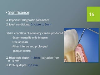 16• Significance-
 Important Diagnostic parameter
 Ideal conditions: 0/ close to 0mm
Strict condition of normalcy can be produced
-Experimentally only in germ
free animals
-After intense and prolonged
plaque control
 Histologic depth: 1.8mm (variation from
0 – 6 mm).
 Probing depth: 2-3 mm.
 