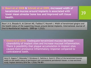 39
• Uneno et al 2016- Inadequate keratinized mucosa decrease
cleansibility of implant sites and increase mucosal inflammation.
There is possibility that plaque accumulation in implant sites
caused more pronounce inflammatory response compared to
contralateral tooth.
Ueno D, Nagano T, Watanabe T, Shirakawa S, Yashima A, Gomi K. Effect of the keratinized mucosa
width on the health status of periimplant and contralateral periodontal tissues: a cross-sectional
study. Implant dentistry.2016 Dec 1;25(6):796-801.
 Bouri et al 2008 & Schrott et al 2009,-Increased width of
keratinized mucosa around implants is associated with
lower mean alveolar bone loss and improved soft tissue
health.
Bouri Jr A, Bissada N, Al-Zahrani MS, Faddoul F, Nouneh I. Width of keratinized gingiva and
the health status of the supporting tissues around dental implants. International Journal of
Oral & Maxillofacial Implants. 2008 Apr 1;23(2).
 