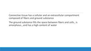 Connective tissue has a cellular and an extracellular compartment
composed of fibers and ground substance
The ground substance fills the space between fibers and cells , is
amorphous , and has a high content of water
 
