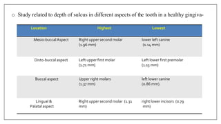 o Study related to depth of sulcus in different aspects of the tooth in a healthy gingiva-
Location Highest Lowest
Mesio-buccalAspect Right upper second molar
(1.96 mm)
lower left canine
(1.14 mm)
Disto-buccal aspect Left upper first molar
(1.71 mm)
Left lower first premolar
(1.13 mm)
Buccal aspect Upper right molars
(1.37 mm)
left lower canine
(0.86 mm).
Lingual &
Palatal aspect
Right upper second molar (1.31
mm)
right lower incisors (0.79
mm)
 