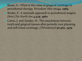  Raust, G.: What is the value of gingival curettage in

periodontal therapy. Periodont Abst 17:142, 1969.
 Beube, F.: A rationale approach to periodontal surgery.
Dent Clin North Am 4:425, 1960
 Caton, J. and Zander, H.: The attachment between
tooth and gingival tissues after periodic root planning
and soft tissue curettage. J Periodontol 50:462, 1979

52

 