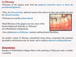 1) Fibroma
•Fibromas of the gingiva arise from the gingival connective tissue or from the
periodontal ligament.
•They are slow-growing, spherical tumors that tend to be firm and nodular but may
be soft and vascular.
•Fibromas are usually pedunculated.
•Hard fibromas of the gingiva are rare; most of the
lesions diagnosed clinically as “fibromas”
are inflammatory enlargements.
•Also called giant cell fibroma contains multinucleated fibroblasts.
•In another variant of fibroma, mineralised tissue (bone, cementum like material,
dystrophic calcification) may be found and is called peripheral ossifying fibroma.
Histopathology
Bundles of Well-formed collagen fibers with scattering of fibrocytes and a variable
vascularity.
 