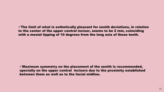 29
The limit of what is esthetically pleasant for zenith deviations, in relation
to the center of the upper central incisor, seems to be 2 mm, coinciding
with a mesial tipping of 10 degrees from the long axis of these teeth.
Maximum symmetry on the placement of the zenith is recommended,
specially on the upper central incisors due to the proximity established
between them as well as to the facial midline.
 