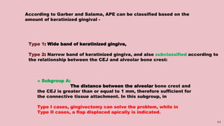 44
According to Garber and Salama, APE can be classified based on the
amount of keratinized gingival -
Type 1: Wide band of keratinized gingiva,
Type 2: Narrow band of keratinized gingiva, and also subclassified according to
the relationship between the CEJ and alveolar bone crest:
» Subgroup A:
The distance between the alveolar bone crest and
the CEJ is greater than or equal to 1 mm, therefore sufficient for
the connective tissue attachment. In this subgroup, in
Type I cases, gingivectomy can solve the problem, while in
Type II cases, a flap displaced apically is indicated.
 