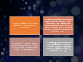 HGF may also exhibit an autosomal
dominant or recessive mode of
inheritance.
The recessive pattern usually linked to
other syndromes: Cowden, Jones,
Goltz-Gorlin,; and other systemic
diseases: cherubism, hypothyroidism,
chondrodystrophy, growth hormone
deficiency craniofacial dysmorphism or
leukemia [3–6].
Histologically, HGF shows gingival
features relatively acellular and with
an increased amount of randomly
arranged bundles of collagen.
The overlying epithelium may be
variable in thickness and have
prominent, elongated rete ridges
extending into the underlying
connective tissue [8].
 